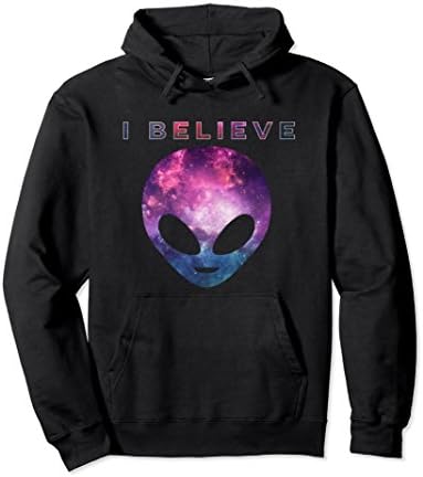 Unisex I Believe Alien Pullover Hooded Sweatshirt with Galaxy Print XL: Black