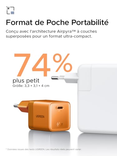 UGREEN Nexode Air 65W Chargeur USB C Rapide GaNInfinity avec Câble Compatible avec iPhone 17 Pro Max 16 Plus 15 14 13 12 Galaxy S26 S25 S24 Pixel 10 9 iPad MacBook Neo Air Pro M5 M4 M3 M2 M1 (Orange)