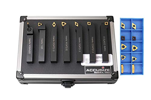 Accusize Industrial Tools 7 Pieces/Set 1/2'' Indexable Carbide Turning Tool Set with 10 Extra Carbide Inserts in Fitted Box, 2387-2004plus
