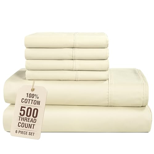 Casa Platino Queen Size Bed Sheets, 100% Cotton 6 Piece Sheet Set with 500 Thread Count Silky Smooth Sateen Finish, Ultra Soft Cotton Sheet Queen Size Set with 15 Inch Deep Pocket Fitted Sheet – Ivory at Amazon