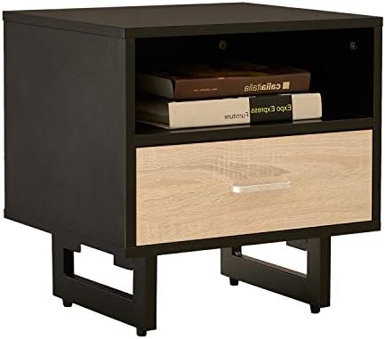 DORAFAIR Bedside Table Cabinet with White Drawer and Storage Shelf,End Table Modern Nightstand with Metal Legs,Black & Wood