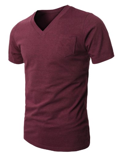 H2H Mens Basic Cotton Pocket T-shirts of Various Vintage Colors V-neck Short Sleeve WINE S (JDSK37)