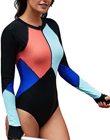 DSJJ Womens Color Block Zipped One Piece Rash Guard Long Sleeve Surfing Swimsuits Swimwear Plus Size