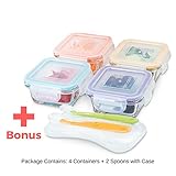 Glass Baby Food Storage Containers - 4 oz, BPA Free- Small Feeding Jars with Lids for Homemade Toddler Food Maker or Kids Lunch Box - Perfect Baby Shower Registry Gift Set (4 Containers + 2 Spoons)