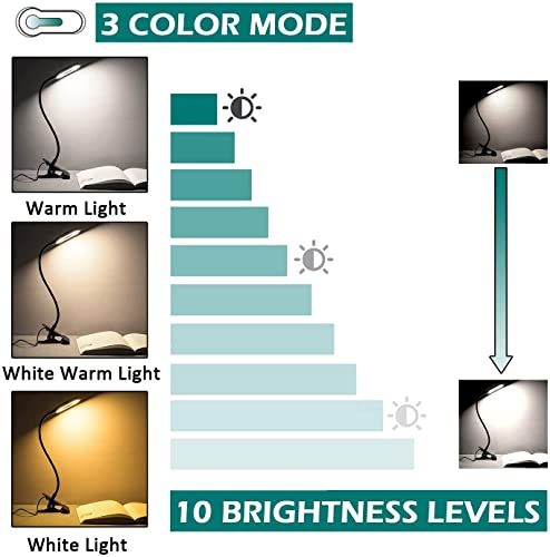 LED Desk Lamp, Foneso USB Clip-On Reading Light with 3 Color Modes 10 Brightness, 360° Flexible Gooseneck Table Lamp, Eye Protection Clamp Light for Reading, Work, Makeup