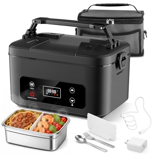 Moexili Heated Bowl, 100 W Electric Heated Lunch Box, 1.2 L | 2400 mAh Battery Heating Bowl, 5 Modes Wireless Portable Heated Lunch Box Stainless Steel for Office, Car, Camping