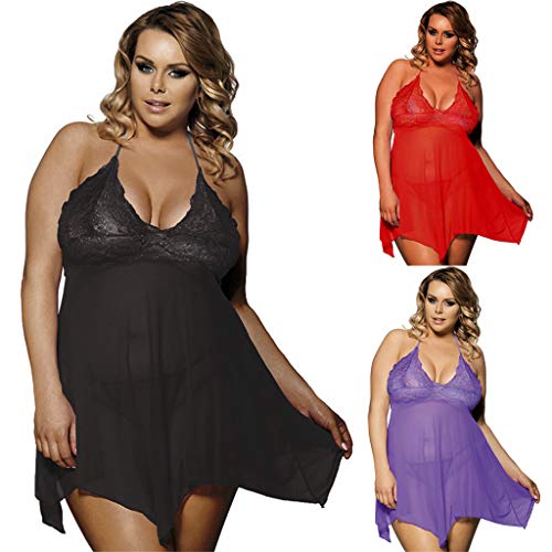 Valentine's Best Gifts for Sex!!!Hennta Sexy Fat Women Plus Size Halter Lace Lingerie Dress G-String Underwear Set