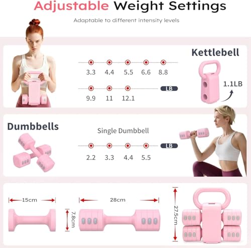 2-in-1 Adjustable Dumbbell Set, 4-Level Weight Dumbbell Set, Suitable for Women and Men, Each Piece 2.2/3.3/4.4/5 lbs Hand Weight with Kettlebell Form, Ideal for Home Gym Workouts