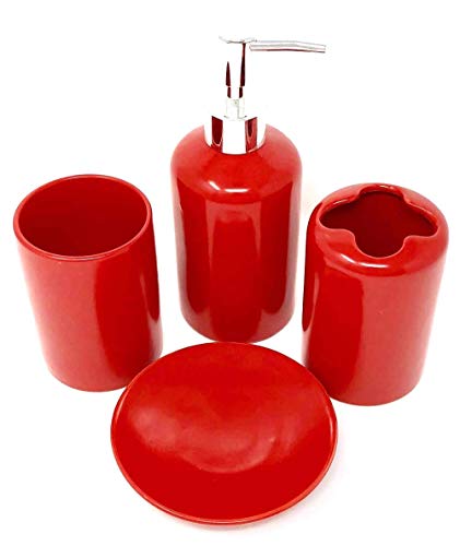 WPM 4 Piece Ceramic Bath Accessory Set | Includes Bathroom Designer Soap or Lotion Dispenser w/Toothbrush Holder, Tumbler, Soap Dish Choose from Purple, Black, Brown, Navy or Red Burgundy (Red) - Thumbnail 2