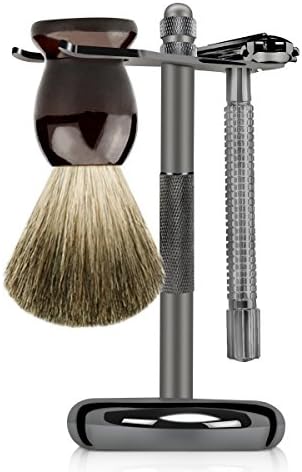 Temlun Shaving & Grooming Sets - Safety Butterfly Razor, Badger Hair Shaving Brush, Shaving Stand (Gun-color)
