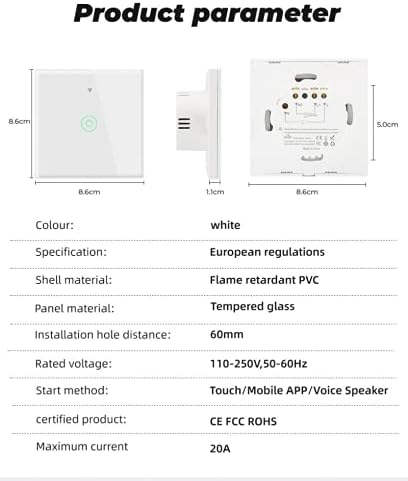 SOLE HOME Interruptor de pared inteligente WiFi interruptor de 20 A para aparatos de alta potencia calentador de aguaaire acondicionadorefrigerador funciona con Alexa Google Home Control de voz
