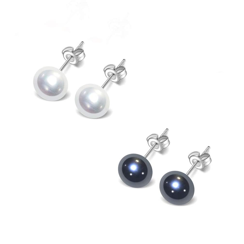 TreasureBay Classic Women's Pearl stud Earrings size 7-8mm colour: Pink/White/Black/Grey/Purple (Black + White set)