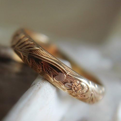 14K Gold Filled Floral Stacking Ring Band - Romantic Floral Engraved Ring