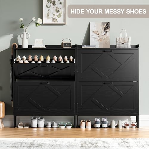 Nicetree Shoe Cabinet with 2 Flip Drawers, Narrow Shoe Storage Cabinet with Metal Legs, Freestanding Slim Shoe Organizer Cabinet for Entryway, Hallway, Foyer, Black