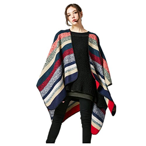 Jelinda Women Blanket Shawl Wrap Poncho Cape Winter Large Warm Striped Scarf (one size, red)