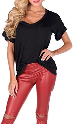 Flowshey Women's Casual Short Sleeve V Neck Pocket Plain Basic Tees Loose Tunic Tops