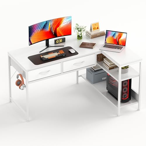 CAIYUN L Shaped Computer Desk with 2 Drawers, 39 Inch Office Corner Desk with 2 Storage Shelves, Working Table Study Table for Home Office Desk, White