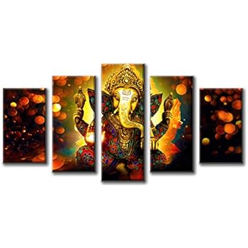DJSYLIFE Hindu God Ganesha Wall Art Canvas Printed for Living Room Decorative Painting Modern Home Decor 5pcs HD Print Lord Ganesha Elephant Picture Art Wall Framed Ready to Hang (40