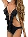 QYacmetiz Women's Sexy One Piece Swimsuit, Deep V Neck Strappy Flounce Monokini Bathing Suit(L,Black)