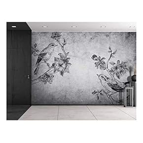 Birds and Branches Sitting on a Grayscale Grungy Texture with a Vignette Effect Around It - Wall Mural, Removable Vinyl Wallpaper, Home Decor - 66x96 inches