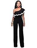 Women Sexy Off One Shoulder Ruffle Clubwear Long Wide Leg Pants Jumpsuit Romper