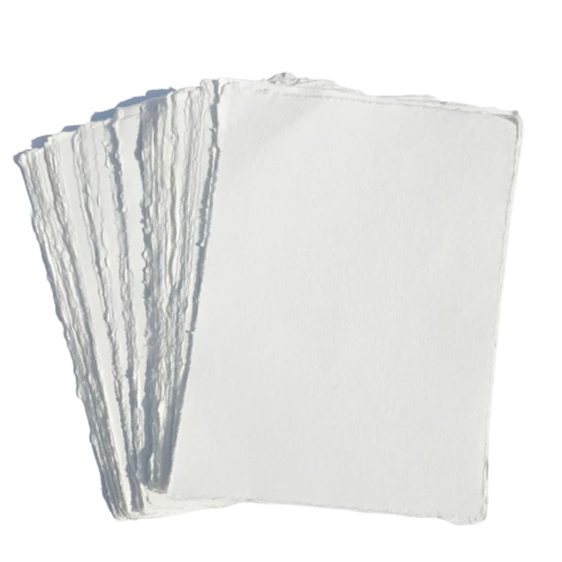 Habiller Handmade Deckle Edged Paper 3x5 Inch 150gsm Off-White Cotton Rag Sheets - Pack of 50 for Watercolor Calligraphy Mixed Media