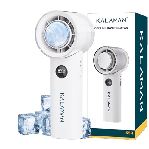 KALAMAN Handheld Portable Fan with Ice Cooler, 5000mAh Rechargeable Personal Fan,[15H Cooling Time] Mini Y Powerful [12000+ RPM] Small Pocket Fans for Travel/Outdoor/Office Quiet Neck Fan (White)