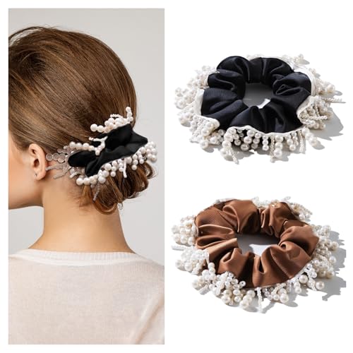 Lolalet Tasseled Pearl Satin Scrunchies for Hair, 2 Count - Black/Brown, Style A, Decorative Ponytail Holders for Women & Girls