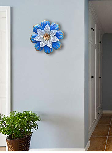 GIFTME 5 Blue Metal Flower Wall Decor for Bathroom Livingroom Bedroom or Porch Patio Colorful Wall Sculptures(13.5" Blue)
