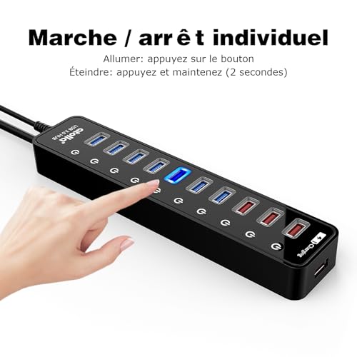 USB 3.0 Multi-Socket Hub, Atolla 11 Ports USB Powered Hub, AVCE 7 Ports Data Transfer 5Gbps, 4 Ports Smart Charge and Individual Switches and LED Power Supply, 12V/4A Adapter