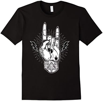 Mens Rock And Roll Tshirt - Festival Art - Devil Horns Tattoo Tee Medium Black