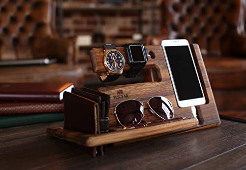 Natural Walnut Wood Phone Docking Station Key Holder Wallet Stand Magnetic Watch Charger Slot Organizer Men Gift Husband Wife Anniversary Dad Birthday Nightstand Tablet Father Graduation Travel Idea
