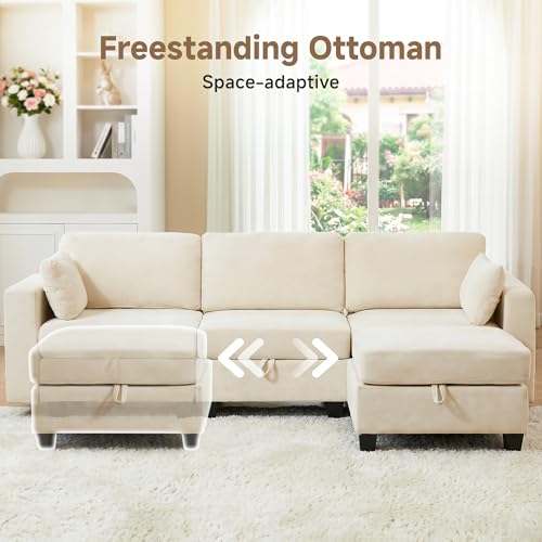Real Relax 99.6'' Oversized Sectional Sofa, Modular 3 Seater L Shaped Comfy Cloud Couch with Storage Movable Ottoman and Thick Cushion for Apartment Living Room Bedroom, Beige, Chenille