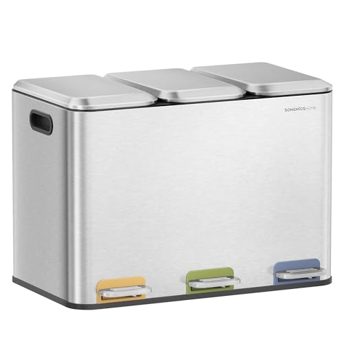SONGMICS HOME Mülleimer Küche, 3 x 15 L Fächer, Abfalleimer mit farbcodierbaren Pedalen, Mülltrennsystem, mit Deckeln und Inneneimern, Stahl, metallic