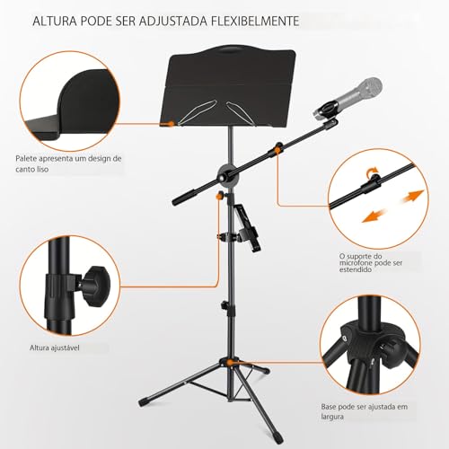 VEDO suporte de partitura é dobrável, possui suporte removível para microfone e telefone, é um dispositivo portátil e leve, com prendedor de partitura e bolsa para transporte de instrumentos musicais.