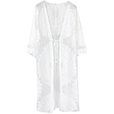 CABODYALS Long White Lightweight Summer Cardigan 2025 Sheer Lace Mesh Crochet Boho Open Front Cover Up Swimsuit Swimwear Bathing Suit Dress Embroidery Floral Cardigans for Women Beach Vacation Bikini