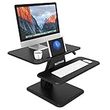 Standing Desk Converter, SLYPNOS Height Adjustable Sit Stand Desk Riser, Gas Spring Arm, Keyboard Mouse Deck and Cup Holder for Office Home, Fits Up to 27” Laptop (Black, 15.5-In Max. Height)
