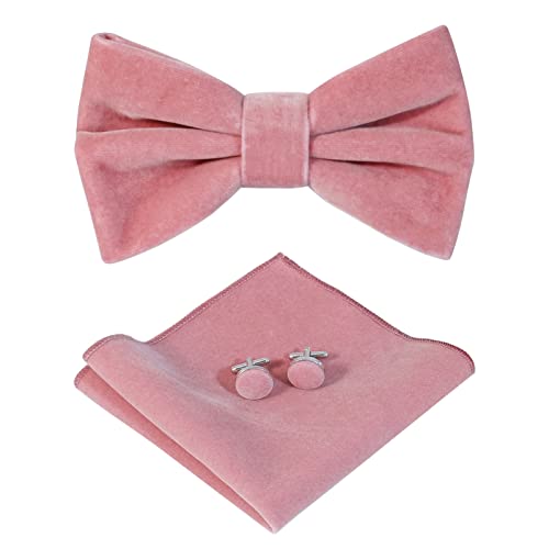 HOULIFE Ensemble nœud papillon pour homme – Nœud papillon réglable en velours pré-noué, mouchoir uni, boutons de manchette pour marié, mariage formel avec boîte cadeau, Rose fumé, M