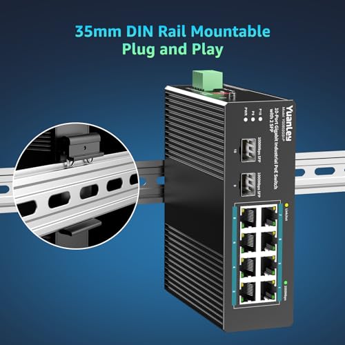 YuanLey 10-Port Industrial Switch with 8 Gigabit PoE Ports & 2 SFP, Unmanaged PoE Switch with 120W Source, IEEE802.3af/at, VLAN & RSTP, DIN-Rail for IP Cameras, Ap