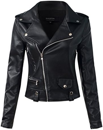Sungtin Women's Black Faux Leather Slim Motorcycle Biker Short Jacket Coat Large PY161