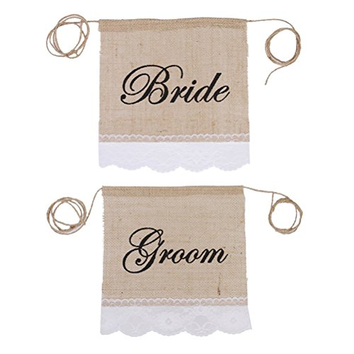 Fenical 2pcs Bride Groom Chair Signs Vintage Burlap Bunting Banner Wedding Decoration