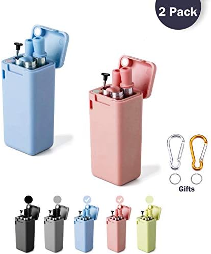 2 Pack Reusable Drinking Collapsible Straws, Composed of Food-grade Stainless Steel & Silicone with Cleaning Brush & Sturdy Carrying Case, For Gifts idea,Travel,Party, Outdoor, Gym.(Blue&Pink)