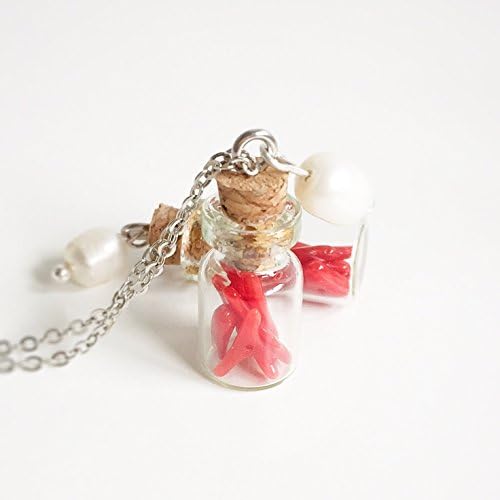 Mini Glass Bottle Red Coral Necklace - Real Pearl - Silvering Metal - Coralline - Sea - Ocean - Beach - Summer
