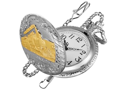Realpoo Locomotive Bronze Pocket Watch for Men,Arabic Numerals White Dial Pocket Watches for Men, Men's Pocket Watch with Chain