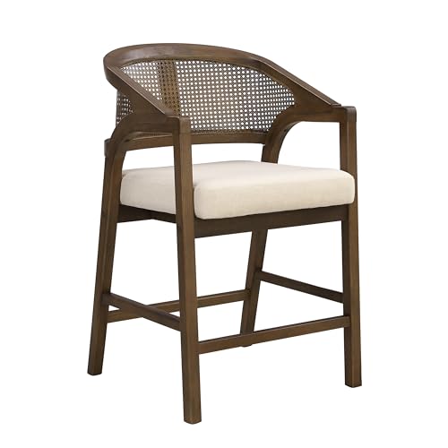 Merax Rattan Counter Height Bar Stools Set of 2, Wooden Frame Bar Chairs with Natural Rattan Woven Back, Modern Kitchen Island Chairs, Footrest for Kitchen, Dining Room, Beige/Walnut