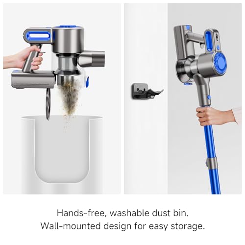 Honki Cordless Vacuum Cleaner for Home, Powerful Stick Vacuum with Rechargeable Battery, Green Light Anti-Tangle Brush, 6-in-1 Lightweight Handheld Vacuum for Pet Hair, Hard Floor, Carpet, Blue
