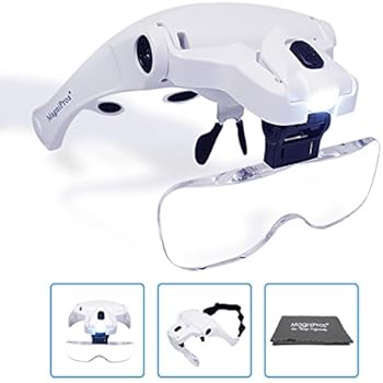 MagniPros LED Illuminated Headband Magnifier Visor with Bonus Cleaning Cloth and 5 Detachable Lenses 1X, 1.5X, 2X, 2.5X 3.5X - (Upgraded Version) Hands-Free Head Worn Lighted Magnifying Glass