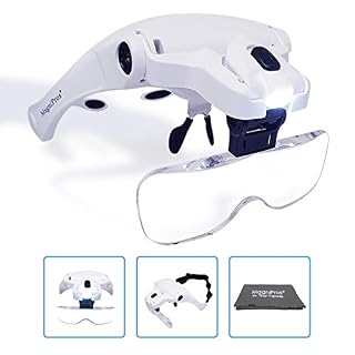 MagniPros LED Illuminated Headband Magnifier Visor with Bonus Cleaning Cloth and 5 Detachable Lenses 1X, 1.5X, 2X, 2.5X…