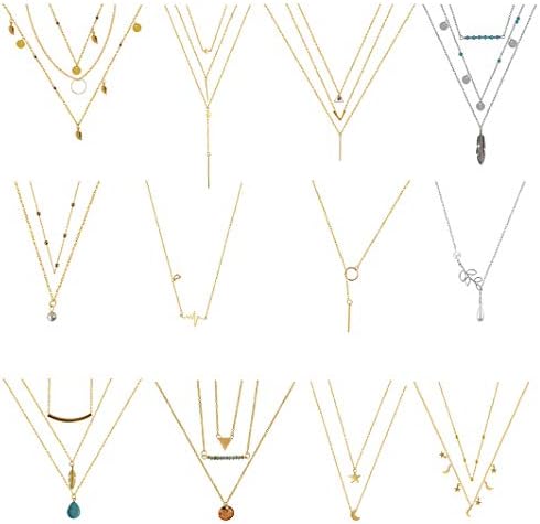 HOVEOX 12 PCs Layered Necklace Set Pendant Moon Star Turquoise Feather Olive Leaf Heartbeat Coin Multi-Layer Metal Pendant Clavicle Chain Gold and Silver for Girls Women Mother