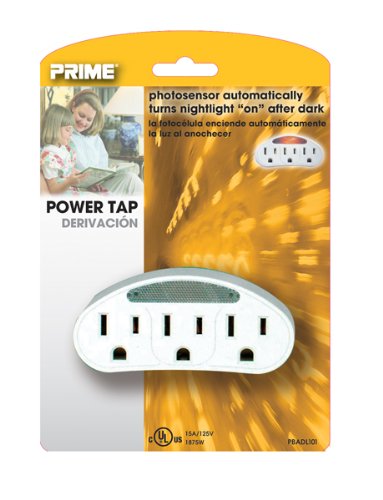 Prime PBADL101 Outlet Power Tap with Photocell Nightlight, White